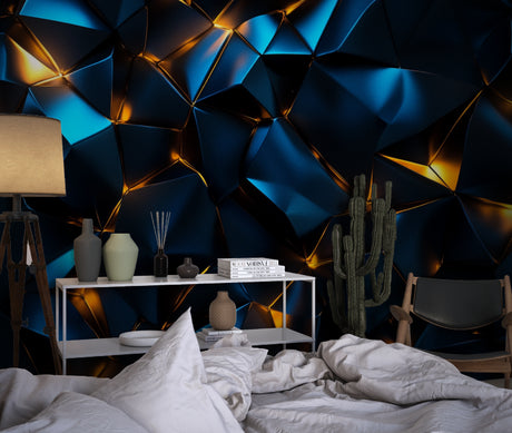Modern 3D geometric wallpaper in bright living room, blue and gold pattern creating depth effect