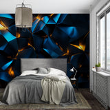 3D geometric wall mural in office space showing light reflection on gold details