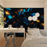 Blue and gold geometric wallpaper in dining room with modern furniture