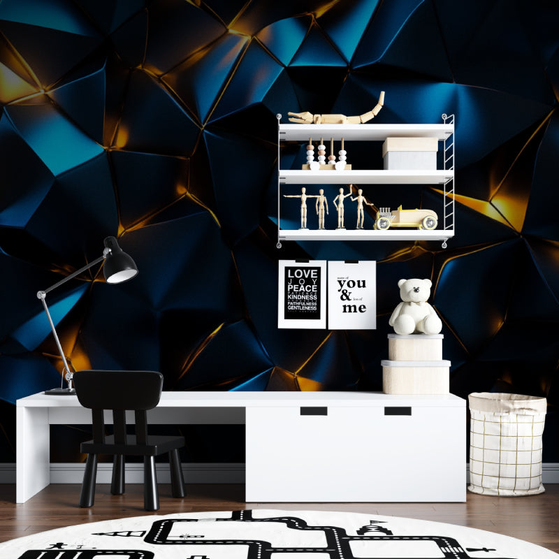 Geometric wall mural in hotel lobby highlighting architectural features