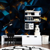 Geometric wall mural in hotel lobby highlighting architectural features