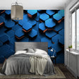 Modern gaming room with blue hexagonal 3D wallpaper, gaming setup and LED lighting