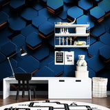 Teen bedroom featuring 3D gaming wallpaper with blue hexagonal pattern
