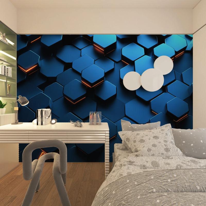 Modern living room showcasing 3D hexagonal gaming wallpaper