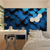 Modern living room showcasing 3D hexagonal gaming wallpaper