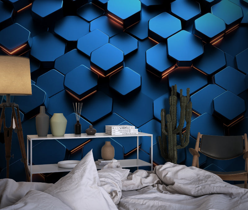 Media room with blue geometric 3D wallpaper and ambient lighting