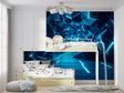 Modern living room with 3D geometric wallpaper creating depth and movement on feature wall