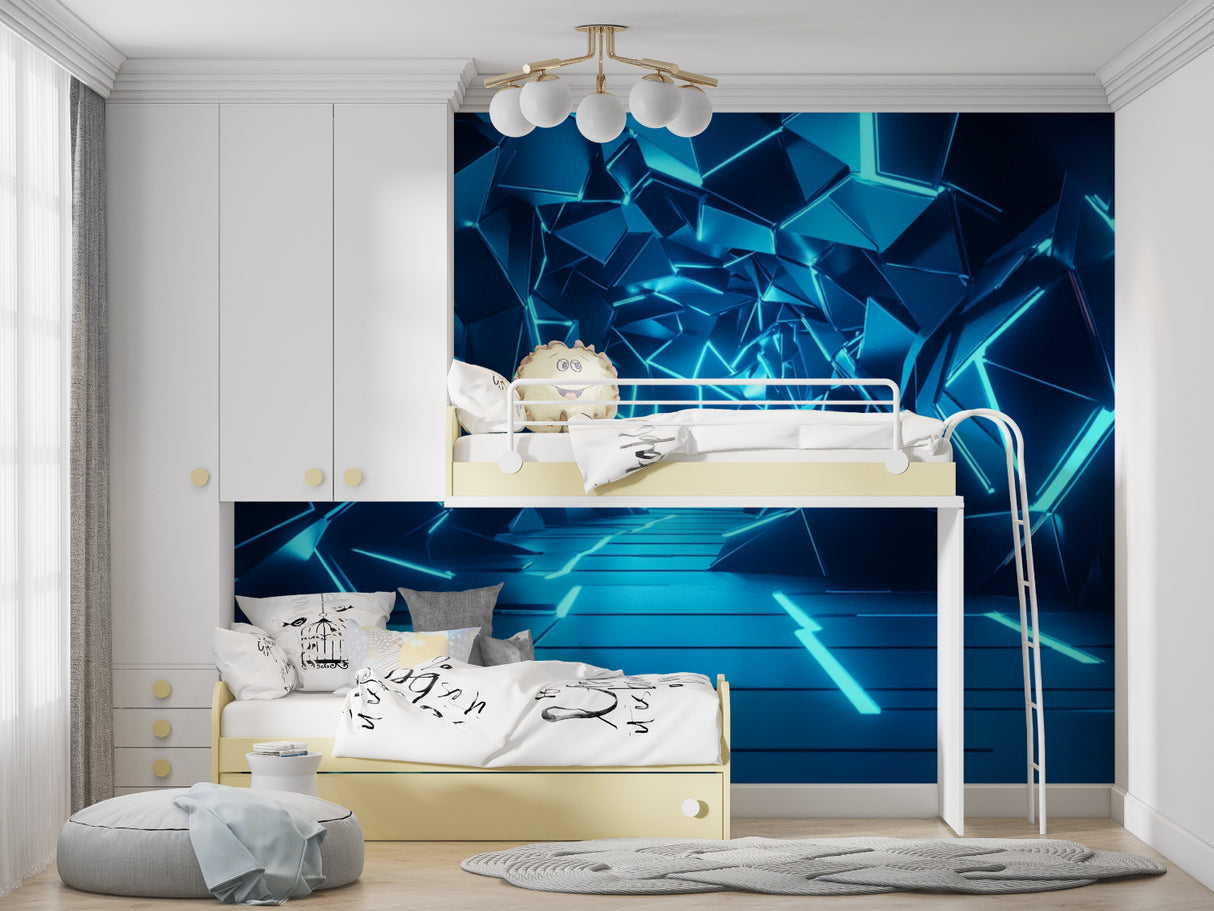 Modern living room with 3D geometric wallpaper creating depth and movement on feature wall