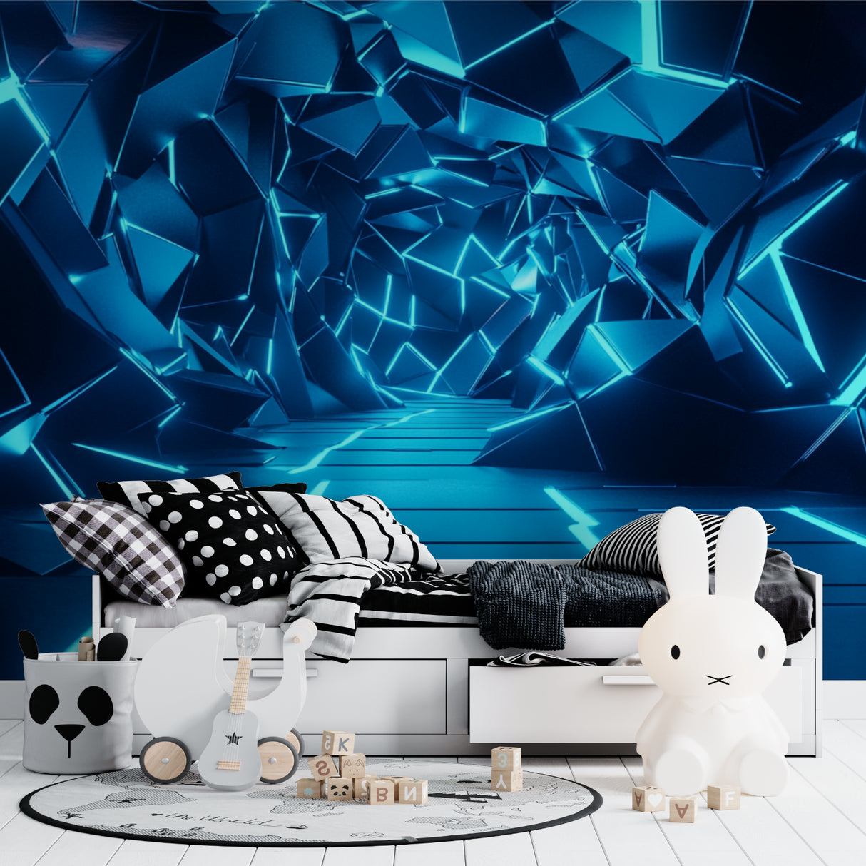 Home office space showcasing electric blue 3D geometric wall mural in natural light