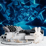 Home office space showcasing electric blue 3D geometric wall mural in natural light