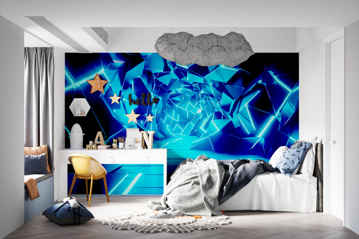 Dining area with 3D geometric pattern wallpaper glowing in evening lighting