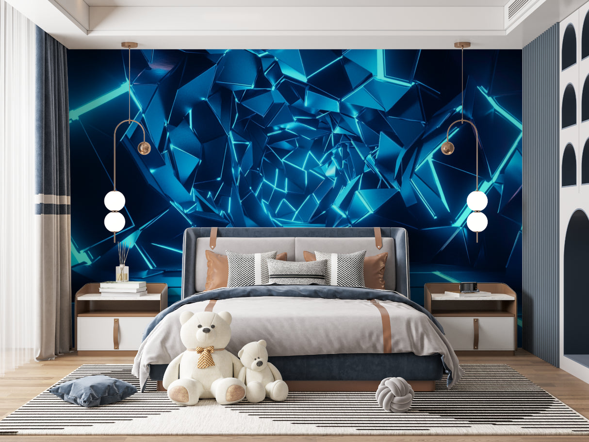 Contemporary bedroom featuring blue geometric 3D wallpaper as accent wall