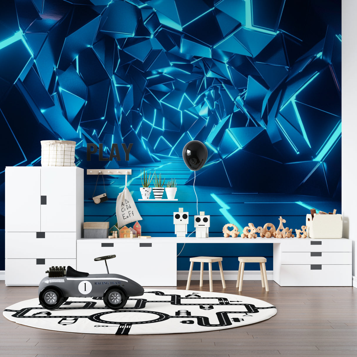 Gaming room with dynamic 3D geometric wall mural creating immersive atmosphere