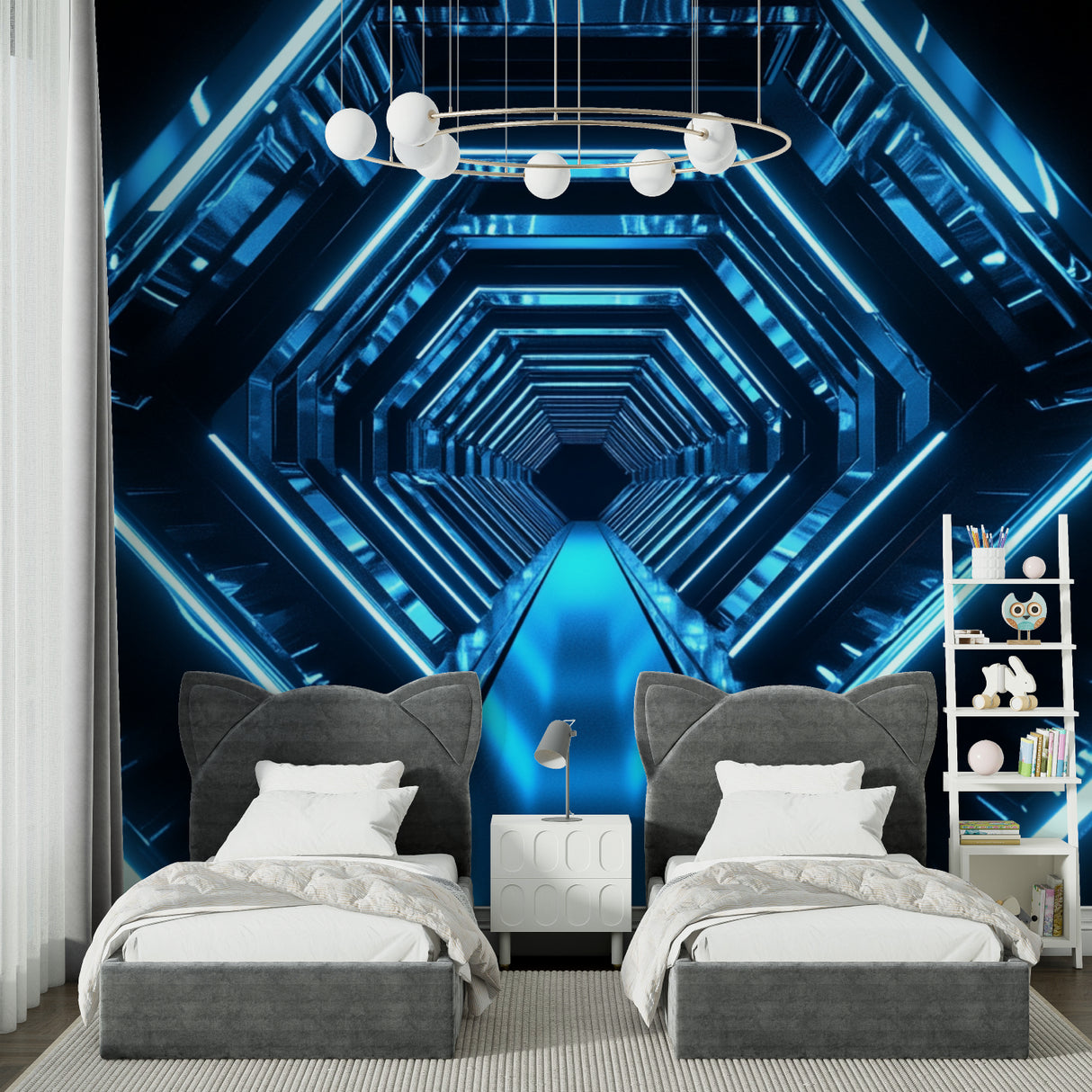 3D tunnel wallpaper creating depth in modern gaming room with LED accent lighting
