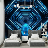 3D tunnel wallpaper creating depth in modern gaming room with LED accent lighting