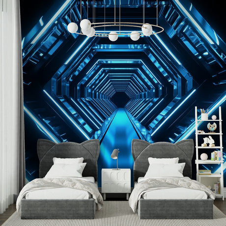 3D tunnel wallpaper creating depth in modern gaming room with LED accent lighting