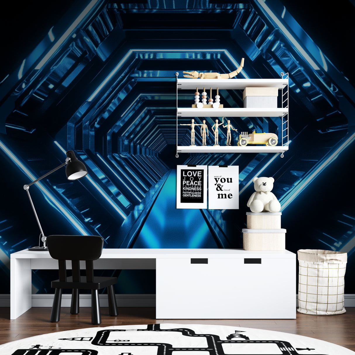 Futuristic 3D tunnel mural in teen bedroom showing optical illusion effect