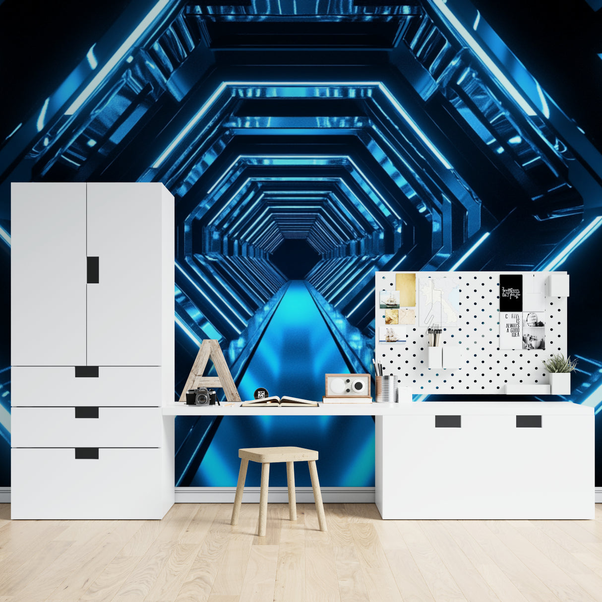 3D geometric tunnel wallpaper making statement in contemporary office space