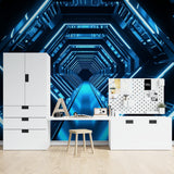 3D geometric tunnel wallpaper making statement in contemporary office space