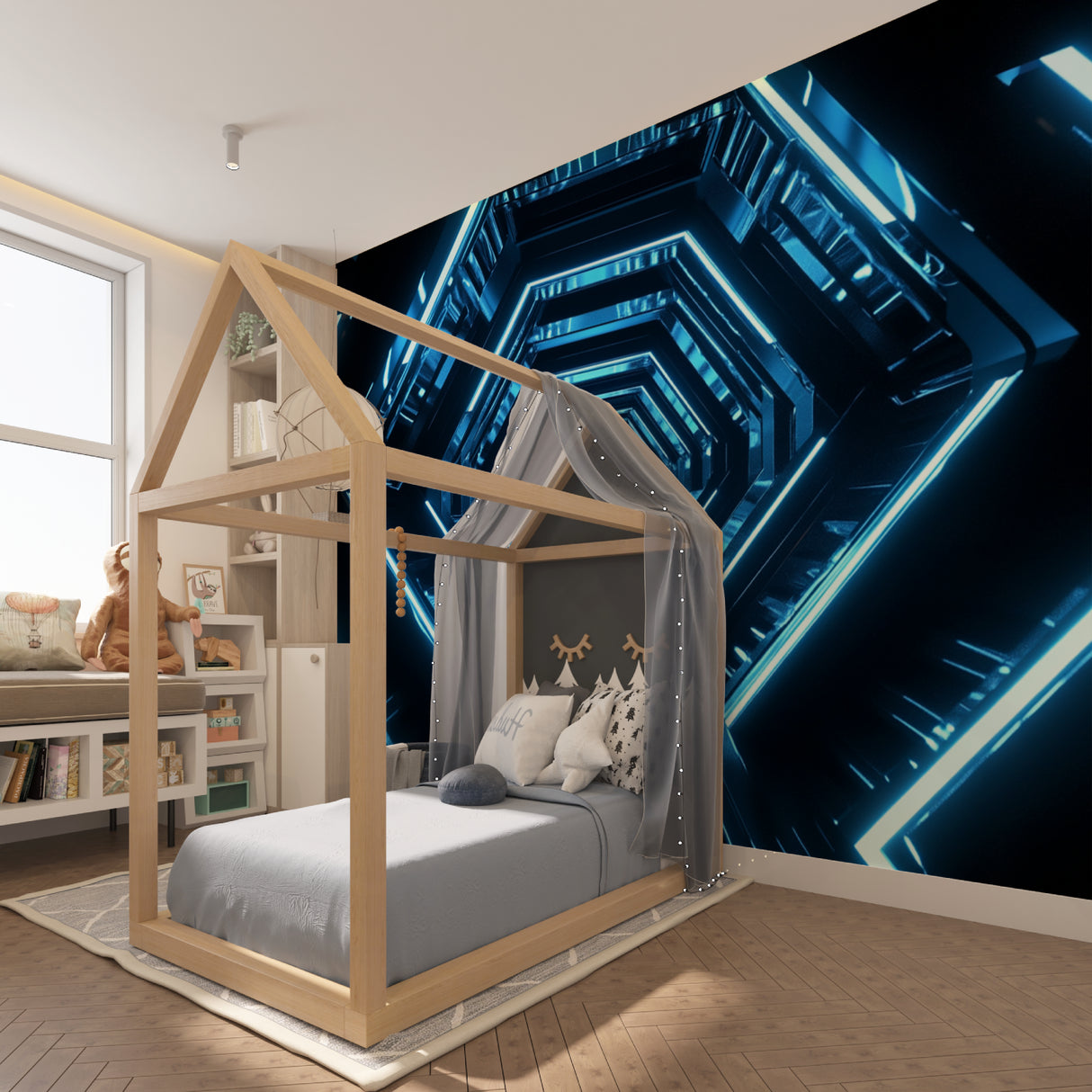 Blue 3D tunnel effect wallpaper in modern living room with minimal furniture