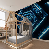 Blue 3D tunnel effect wallpaper in modern living room with minimal furniture
