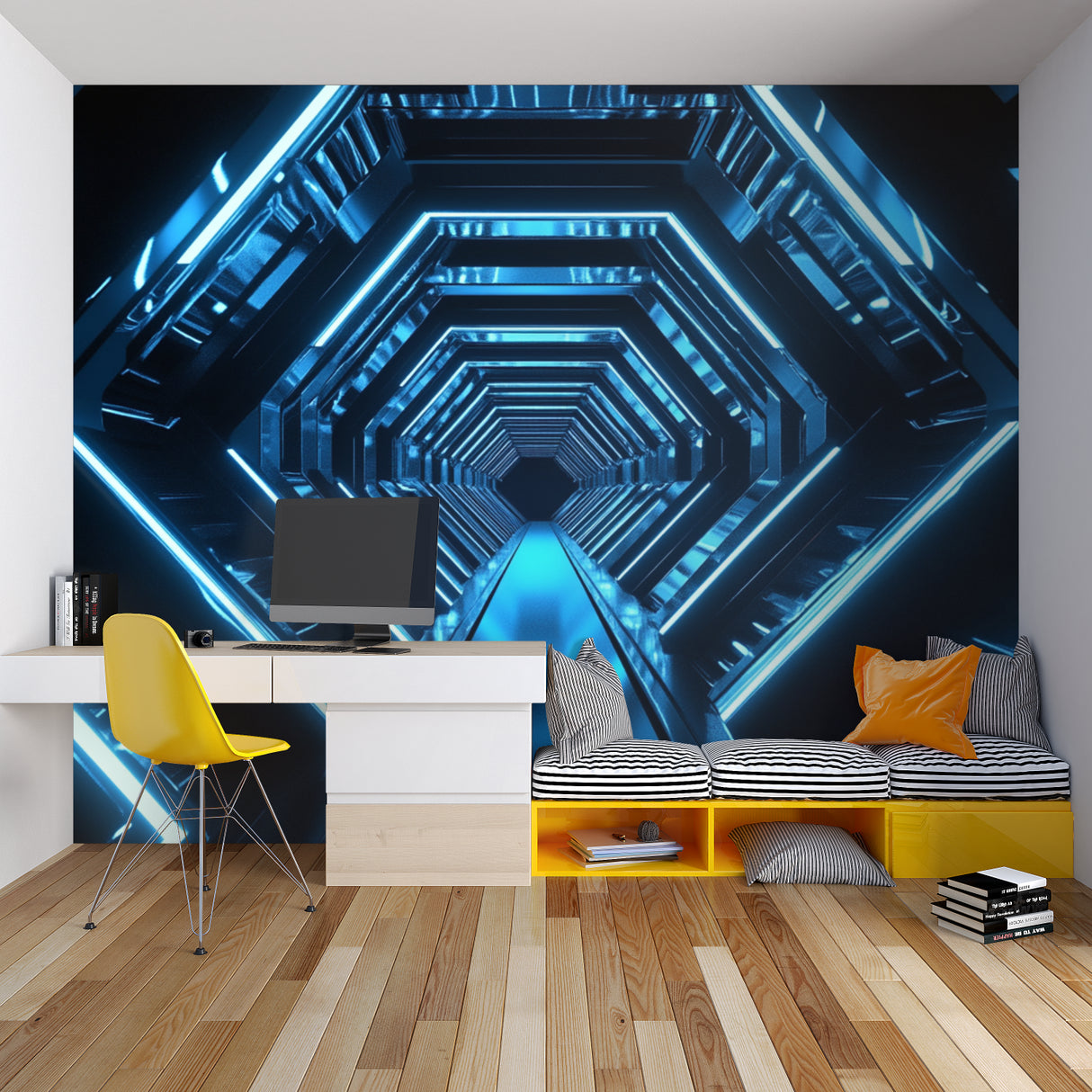 Geometric tunnel mural creating depth in urban studio apartment