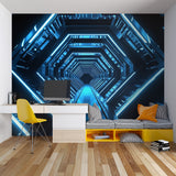 Geometric tunnel mural creating depth in urban studio apartment