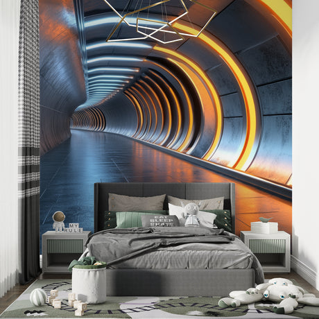 3D tunnel wallpaper creating depth in modern living room with orange ambient glow