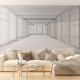 Modern living room featuring 3D geometric wallpaper creating optical depth illusion on feature wall