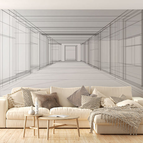 Modern living room featuring 3D geometric wallpaper creating optical depth illusion on feature wall