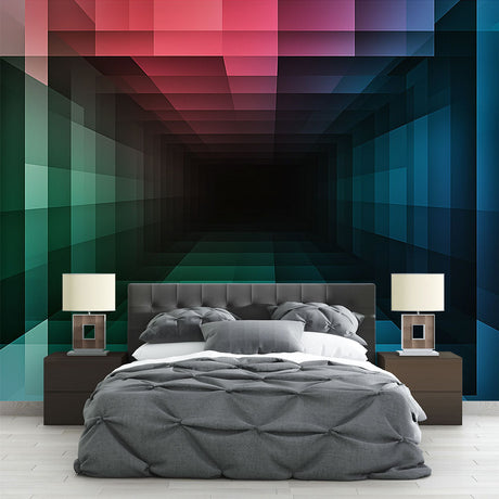 Modern office space featuring 3D geometric tunnel wallpaper creating depth and visual interest behind a minimalist desk setup