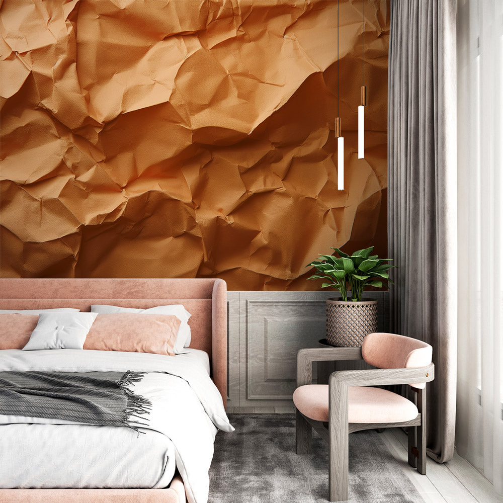 3D geometric wallpaper creating depth in modern living room with terracotta tones and natural light