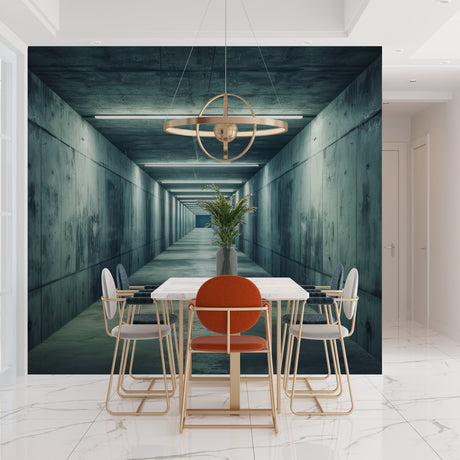 3D tunnel wallpaper creating depth in modern living room with grey sofa and minimal decor