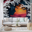3D sunset paper art wallpaper creating depth in a modern living room with dramatic lighting effects
