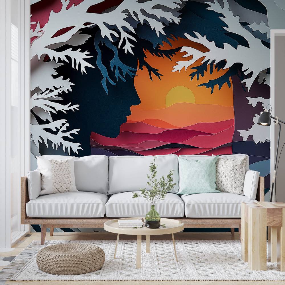 3D sunset paper art wallpaper creating depth in a modern living room with dramatic lighting effects