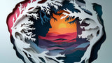 3D layered sunset wallpaper design file showing intricate paper art pattern