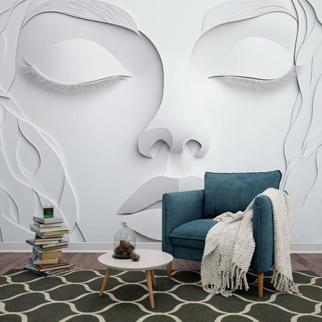 3D relief wallpaper creating dramatic shadows in modern minimalist living room, soft natural lighting highlights sculptural details