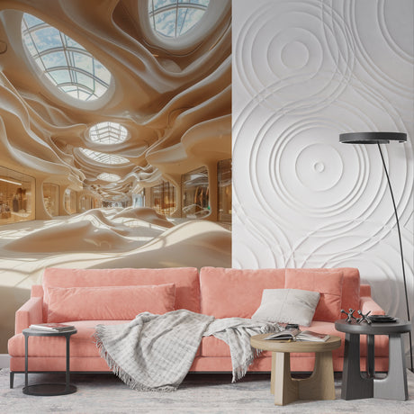 Modern 3D architectural wallpaper creating depth in a minimalist living room with natural lighting