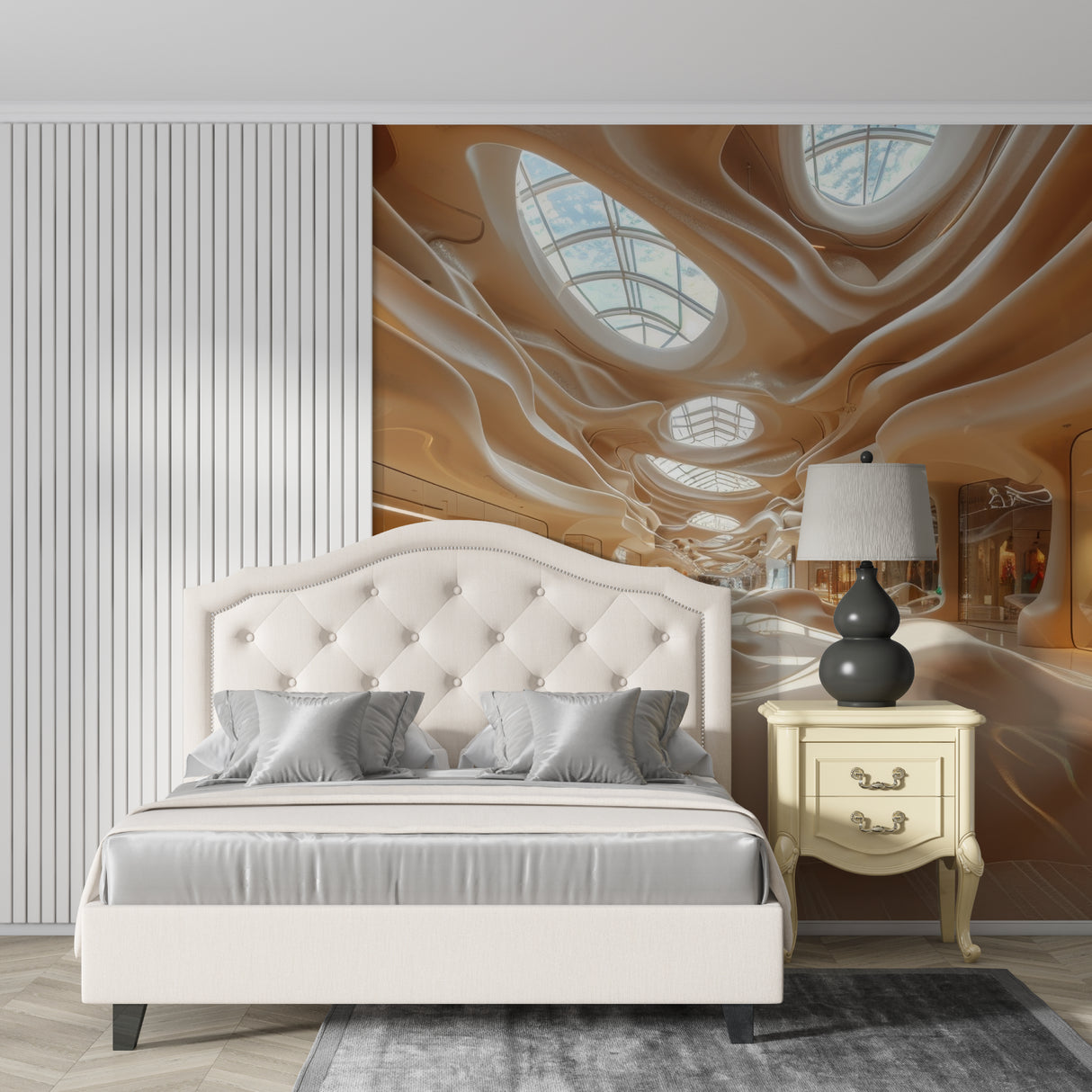 3D flow wallpaper design showcased in a contemporary office space with large windows