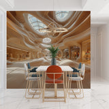 Architectural 3D mural bringing movement to an elegant dining room setting