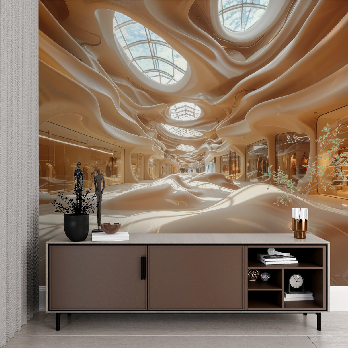 Modern flow pattern wallpaper enhancing a sleek bedroom interior