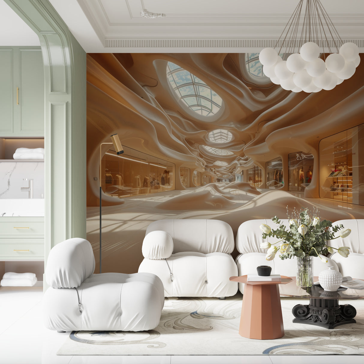 3D architectural mural creating depth in a modern entrance hallway