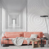 Modern 3D geometric corridor wallpaper creating depth in a minimalist living room