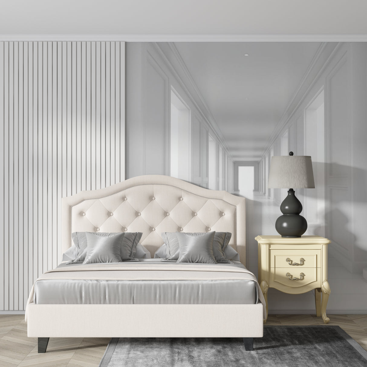 3D corridor wallpaper creating an optical illusion in a contemporary dining room