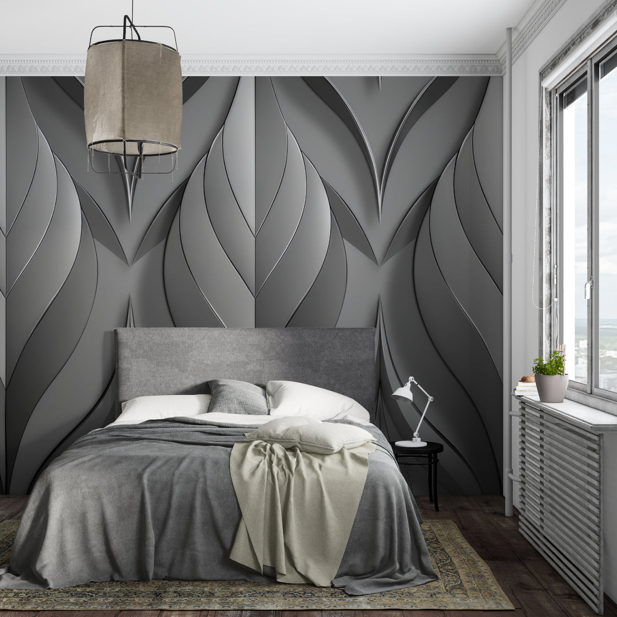 Modern grey 3D geometric wallpaper creating depth in a minimalist living room setting