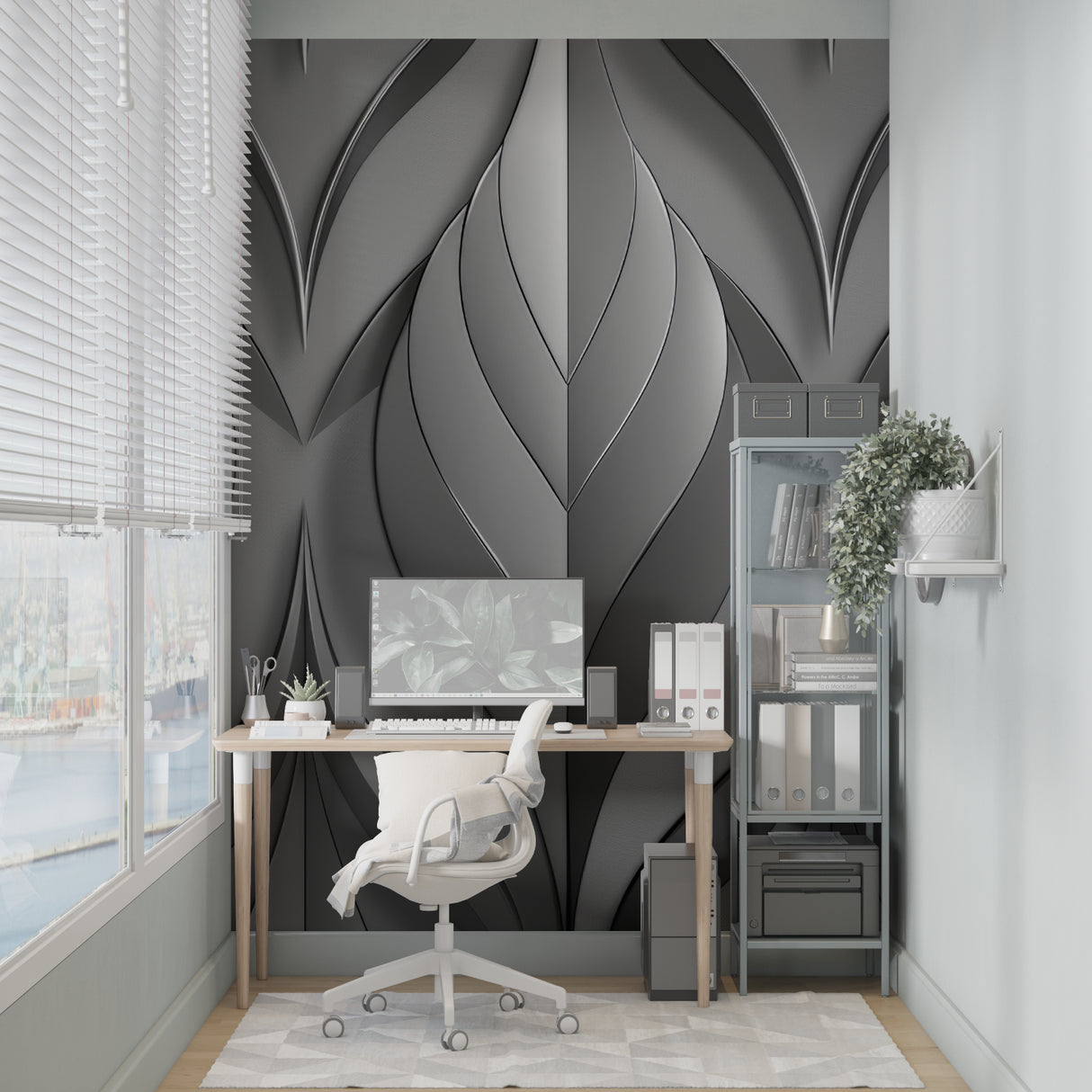 Contemporary office space featuring 3D leaf pattern grey wallpaper behind desk area