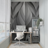 Contemporary office space featuring 3D leaf pattern grey wallpaper behind desk area