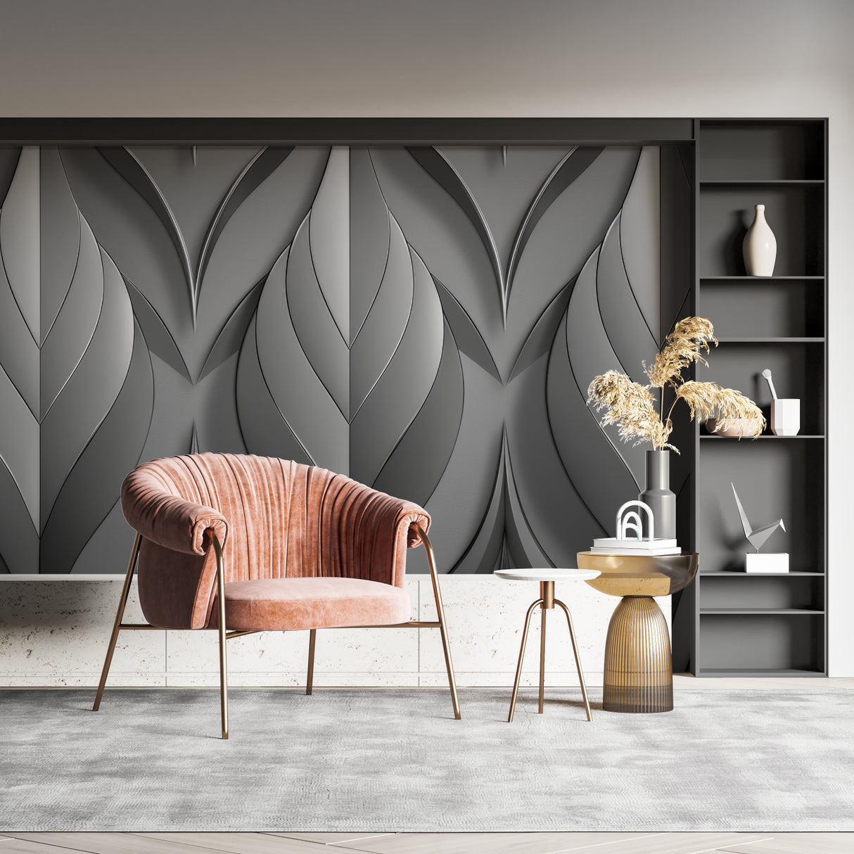 Grey geometric 3D wallpaper adding texture to modern dining room wall