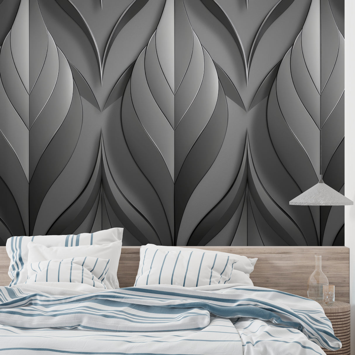 Bedroom accent wall with grey 3D geometric leaf pattern creating visual interest