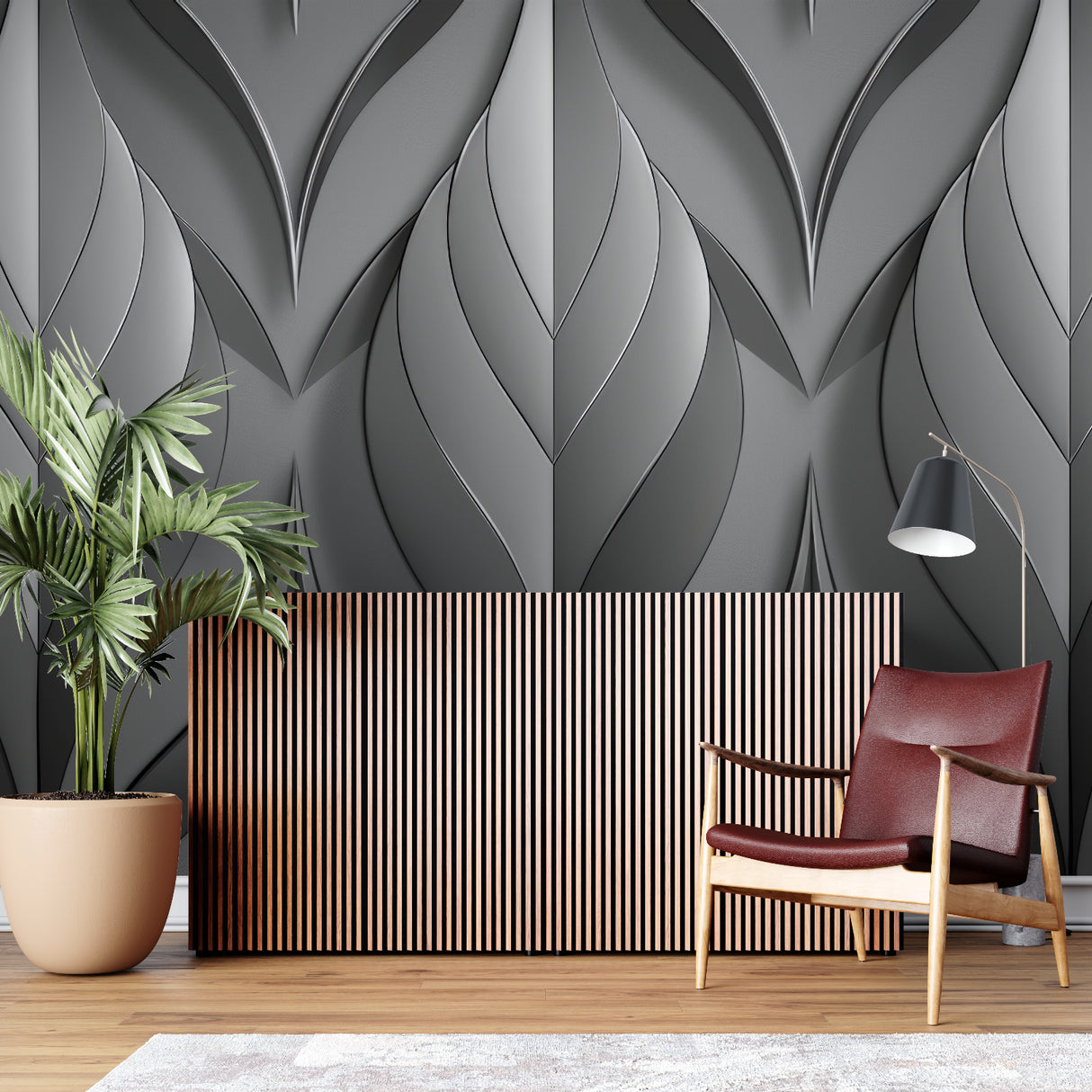 Hotel lobby showcasing modern grey 3D geometric wallpaper in entrance area